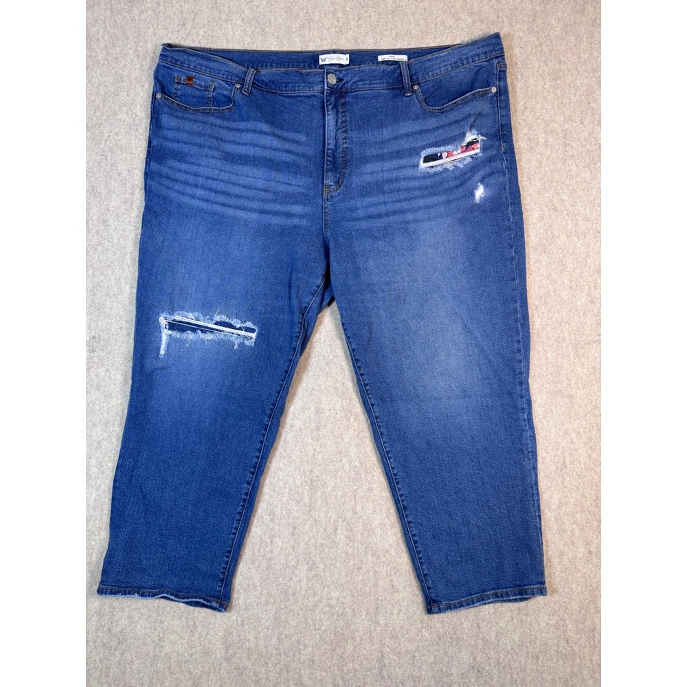 P56.  Aster High Rise Slim Straight Distressed Floral‎ Patch Jeans 26W